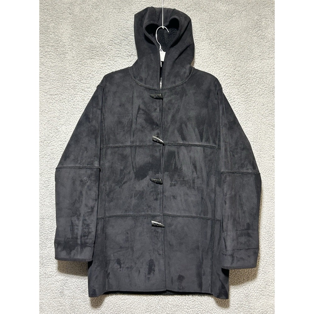 Lauren Ralph Lauren Black Faux Suede Fleece Sz M Toggle Button Front Hooded Coat